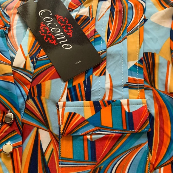 COCOMO XL 3/4 sleeve blue orange multicolored women’s pintuck Blouse top… - Picture 13 of 14